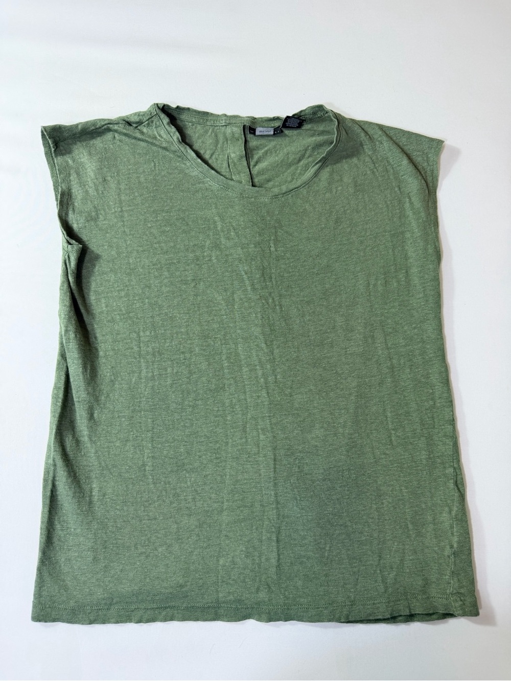Tahari Womens Medium Shirt Olive Green 100% Linen Top Button Back Cap Blouse